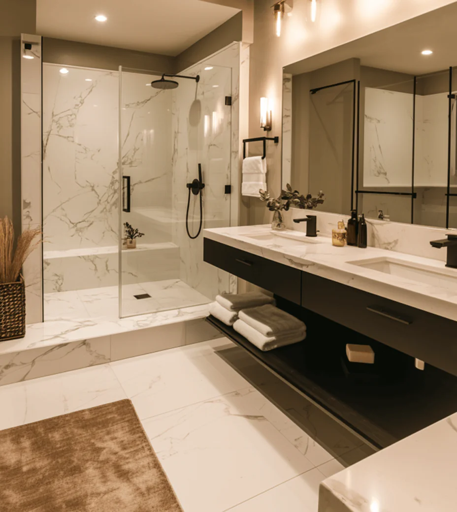 Marble bathroom with a glass shower and a dark floating vanity